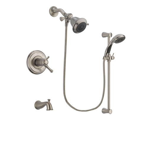 Delta Cassidy Stainless Steel Finish Thermostatic Tub and Shower Faucet System Package with Shower Head and Handheld Shower Spray with Slide Bar Includes Rough-in Valve and Tub Spout DSP1521V
