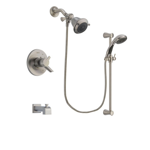 Delta Compel Stainless Steel Finish Dual Control Tub and Shower Faucet System Package with Shower Head and Handheld Shower Spray with Slide Bar Includes Rough-in Valve and Tub Spout DSP1537V
