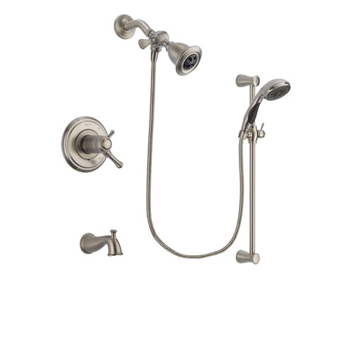 Delta Cassidy Stainless Steel Finish Thermostatic Tub and Shower Faucet System Package with Water Efficient Showerhead and Handheld Shower Spray with Slide Bar Includes Rough-in Valve and Tub Spout DSP1555V