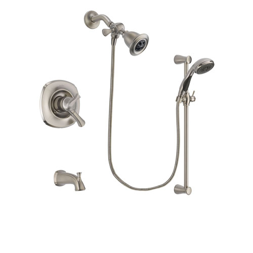 Delta Addison Stainless Steel Finish Dual Control Tub and Shower Faucet System Package with Water Efficient Showerhead and Handheld Shower Spray with Slide Bar Includes Rough-in Valve and Tub Spout DSP1575V