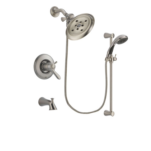 Delta Lahara Stainless Steel Finish Thermostatic Tub and Shower Faucet System Package with Large Rain Showerhead and Handheld Shower Spray with Slide Bar Includes Rough-in Valve and Tub Spout DSP1581V