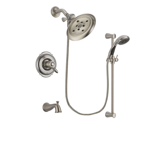 Delta Victorian Stainless Steel Finish Thermostatic Tub and Shower Faucet System Package with Large Rain Showerhead and Handheld Shower Spray with Slide Bar Includes Rough-in Valve and Tub Spout DSP1583V
