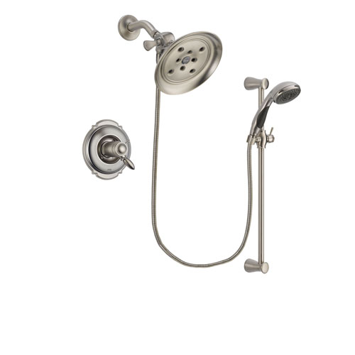 Delta Victorian Stainless Steel Finish Thermostatic Shower Faucet System Package with Large Rain Showerhead and Handheld Shower Spray with Slide Bar Includes Rough-in Valve DSP1584V