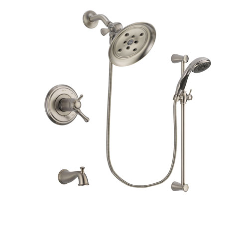 Delta Cassidy Stainless Steel Finish Thermostatic Tub and Shower Faucet System Package with Large Rain Showerhead and Handheld Shower Spray with Slide Bar Includes Rough-in Valve and Tub Spout DSP1589V