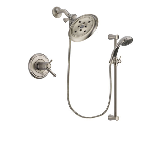 Delta Cassidy Stainless Steel Finish Thermostatic Shower Faucet System Package with Large Rain Showerhead and Handheld Shower Spray with Slide Bar Includes Rough-in Valve DSP1590V