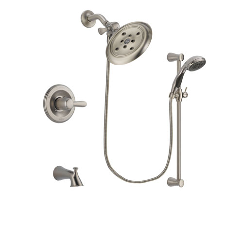 Delta Lahara Stainless Steel Finish Tub and Shower Faucet System Package with Large Rain Showerhead and Handheld Shower Spray with Slide Bar Includes Rough-in Valve and Tub Spout DSP1591V