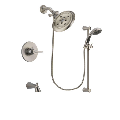 Delta Trinsic Stainless Steel Finish Tub and Shower Faucet System Package with Large Rain Showerhead and Handheld Shower Spray with Slide Bar Includes Rough-in Valve and Tub Spout DSP1593V