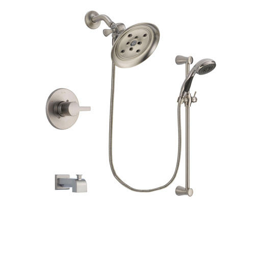 Delta Compel Stainless Steel Finish Tub and Shower Faucet System Package with Large Rain Showerhead and Handheld Shower Spray with Slide Bar Includes Rough-in Valve and Tub Spout DSP1595V