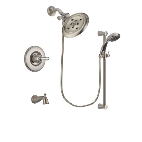 Delta Linden Stainless Steel Finish Tub and Shower Faucet System Package with Large Rain Showerhead and Handheld Shower Spray with Slide Bar Includes Rough-in Valve and Tub Spout DSP1599V