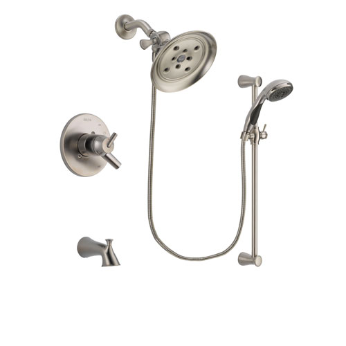 Delta Trinsic Stainless Steel Finish Dual Control Tub and Shower Faucet System Package with Large Rain Showerhead and Handheld Shower Spray with Slide Bar Includes Rough-in Valve and Tub Spout DSP1603V