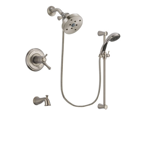 Delta Cassidy Stainless Steel Finish Thermostatic Tub and Shower Faucet System Package with 5-1/2 inch Shower Head and Handheld Shower Spray with Slide Bar Includes Rough-in Valve and Tub Spout DSP1623V