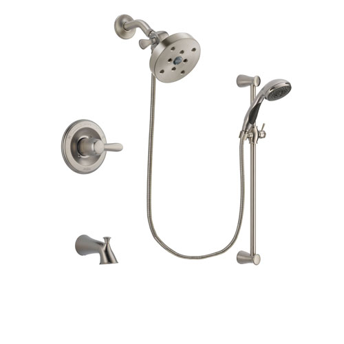 Delta Lahara Stainless Steel Finish Tub and Shower Faucet System Package with 5-1/2 inch Shower Head and Handheld Shower Spray with Slide Bar Includes Rough-in Valve and Tub Spout DSP1625V
