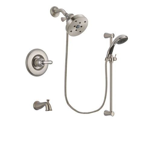 Delta Linden Stainless Steel Finish Tub and Shower Faucet System Package with 5-1/2 inch Shower Head and Handheld Shower Spray with Slide Bar Includes Rough-in Valve and Tub Spout DSP1633V
