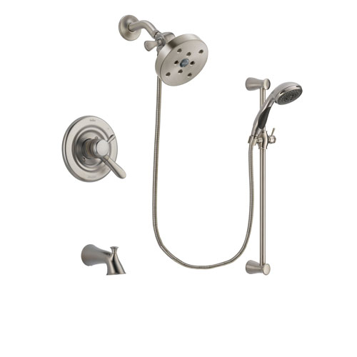 Delta Lahara Stainless Steel Finish Dual Control Tub and Shower Faucet System Package with 5-1/2 inch Shower Head and Handheld Shower Spray with Slide Bar Includes Rough-in Valve and Tub Spout DSP1635V