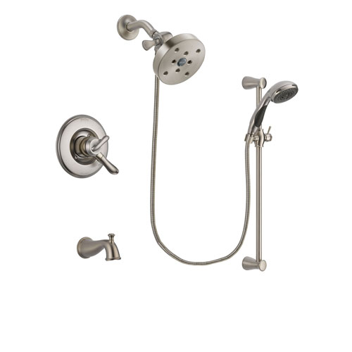Delta Linden Stainless Steel Finish Dual Control Tub and Shower Faucet System Package with 5-1/2 inch Shower Head and Handheld Shower Spray with Slide Bar Includes Rough-in Valve and Tub Spout DSP1645V