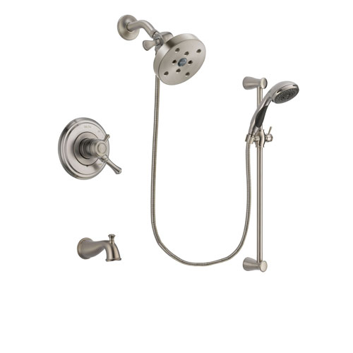 Delta Cassidy Stainless Steel Finish Dual Control Tub and Shower Faucet System Package with 5-1/2 inch Shower Head and Handheld Shower Spray with Slide Bar Includes Rough-in Valve and Tub Spout DSP1647V