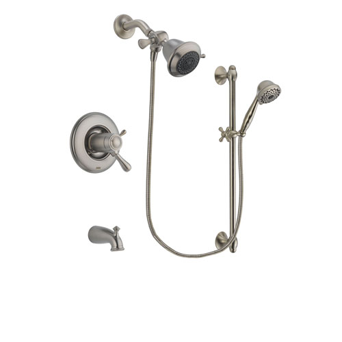 Delta Leland Stainless Steel Finish Thermostatic Tub and Shower Faucet System Package with Shower Head and 7-Spray Handheld Shower with Slide Bar Includes Rough-in Valve and Tub Spout DSP1653V