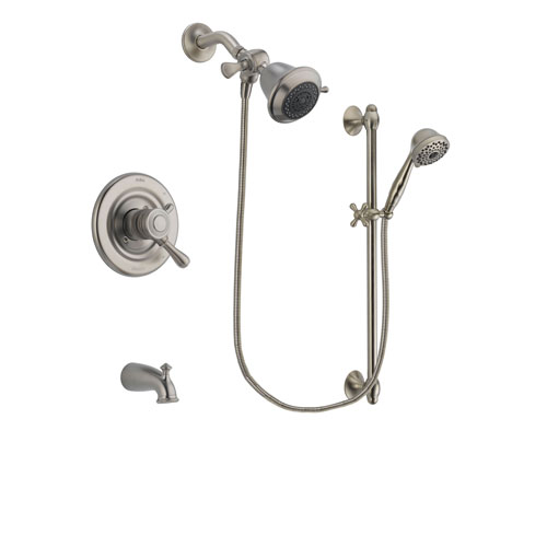 Delta Leland Stainless Steel Finish Dual Control Tub and Shower Faucet System Package with Shower Head and 7-Spray Handheld Shower with Slide Bar Includes Rough-in Valve and Tub Spout DSP1675V
