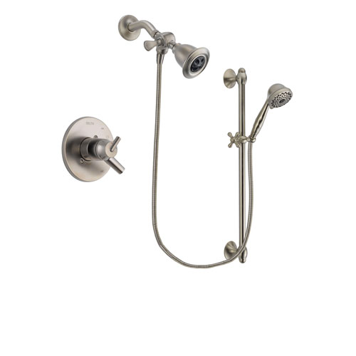 Delta Trinsic Stainless Steel Finish Dual Control Shower Faucet System Package with Water Efficient Showerhead and 7-Spray Handheld Shower with Slide Bar Includes Rough-in Valve DSP1706V