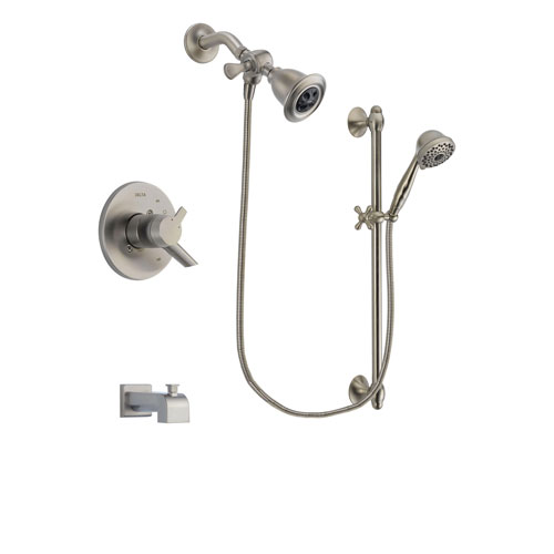 Delta Compel Stainless Steel Finish Dual Control Tub and Shower Faucet System Package with Water Efficient Showerhead and 7-Spray Handheld Shower with Slide Bar Includes Rough-in Valve and Tub Spout DSP1707V