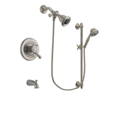 Delta Leland Stainless Steel Finish Dual Control Tub and Shower Faucet System Package with Water Efficient Showerhead and 7-Spray Handheld Shower with Slide Bar Includes Rough-in Valve and Tub Spout DSP1709V