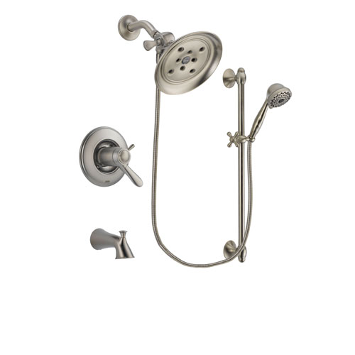 Delta Lahara Stainless Steel Finish Thermostatic Tub and Shower Faucet System Package with Large Rain Showerhead and 7-Spray Handheld Shower with Slide Bar Includes Rough-in Valve and Tub Spout DSP1717V