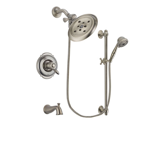 Delta Victorian Stainless Steel Finish Thermostatic Tub and Shower Faucet System Package with Large Rain Showerhead and 7-Spray Handheld Shower with Slide Bar Includes Rough-in Valve and Tub Spout DSP1719V