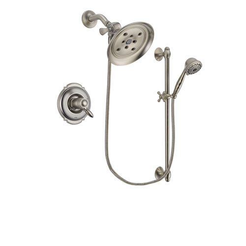 Delta Victorian Stainless Steel Finish Thermostatic Shower Faucet System Package with Large Rain Showerhead and 7-Spray Handheld Shower with Slide Bar Includes Rough-in Valve DSP1720V
