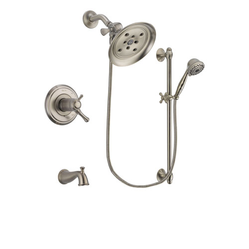 Delta Cassidy Stainless Steel Finish Thermostatic Tub and Shower Faucet System Package with Large Rain Showerhead and 7-Spray Handheld Shower with Slide Bar Includes Rough-in Valve and Tub Spout DSP1725V
