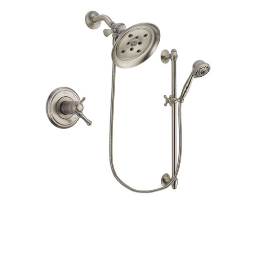 Delta Cassidy Stainless Steel Finish Thermostatic Shower Faucet System Package with Large Rain Showerhead and 7-Spray Handheld Shower with Slide Bar Includes Rough-in Valve DSP1726V