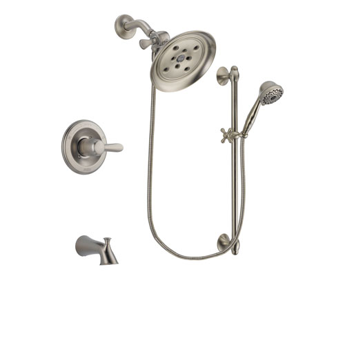 Delta Lahara Stainless Steel Finish Tub and Shower Faucet System Package with Large Rain Showerhead and 7-Spray Handheld Shower with Slide Bar Includes Rough-in Valve and Tub Spout DSP1727V