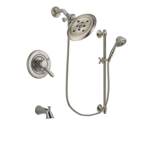 Delta Lahara Stainless Steel Finish Dual Control Tub and Shower Faucet System Package with Large Rain Showerhead and 7-Spray Handheld Shower with Slide Bar Includes Rough-in Valve and Tub Spout DSP1737V