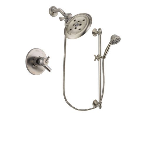 Delta Trinsic Stainless Steel Finish Dual Control Shower Faucet System Package with Large Rain Showerhead and 7-Spray Handheld Shower with Slide Bar Includes Rough-in Valve DSP1740V