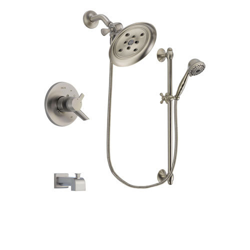 Delta Compel Stainless Steel Finish Dual Control Tub and Shower Faucet System Package with Large Rain Showerhead and 7-Spray Handheld Shower with Slide Bar Includes Rough-in Valve and Tub Spout DSP1741V