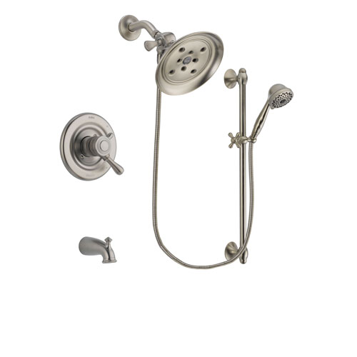 Delta Leland Stainless Steel Finish Dual Control Tub and Shower Faucet System Package with Large Rain Showerhead and 7-Spray Handheld Shower with Slide Bar Includes Rough-in Valve and Tub Spout DSP1743V