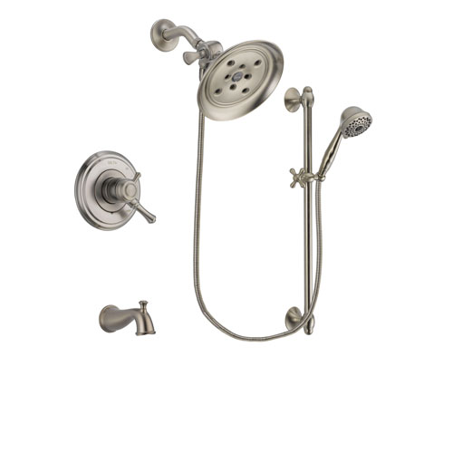 Delta Cassidy Stainless Steel Finish Dual Control Tub and Shower Faucet System Package with Large Rain Showerhead and 7-Spray Handheld Shower with Slide Bar Includes Rough-in Valve and Tub Spout DSP1749V