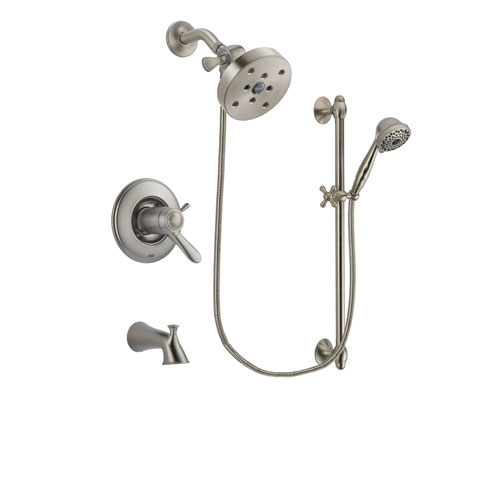 Delta Lahara Stainless Steel Finish Thermostatic Tub and Shower Faucet System Package with 5-1/2 inch Shower Head and 7-Spray Handheld Shower with Slide Bar Includes Rough-in Valve and Tub Spout DSP1751V