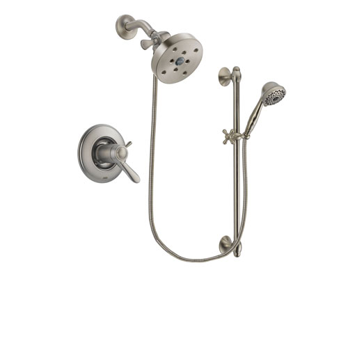 Delta Lahara Stainless Steel Finish Thermostatic Shower Faucet System Package with 5-1/2 inch Shower Head and 7-Spray Handheld Shower with Slide Bar Includes Rough-in Valve DSP1752V