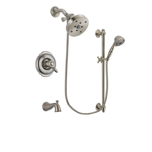 Delta Victorian Stainless Steel Finish Thermostatic Tub and Shower Faucet System Package with 5-1/2 inch Shower Head and 7-Spray Handheld Shower with Slide Bar Includes Rough-in Valve and Tub Spout DSP1753V