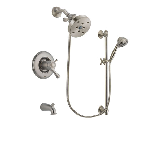 Delta Leland Stainless Steel Finish Thermostatic Tub and Shower Faucet System Package with 5-1/2 inch Shower Head and 7-Spray Handheld Shower with Slide Bar Includes Rough-in Valve and Tub Spout DSP1755V