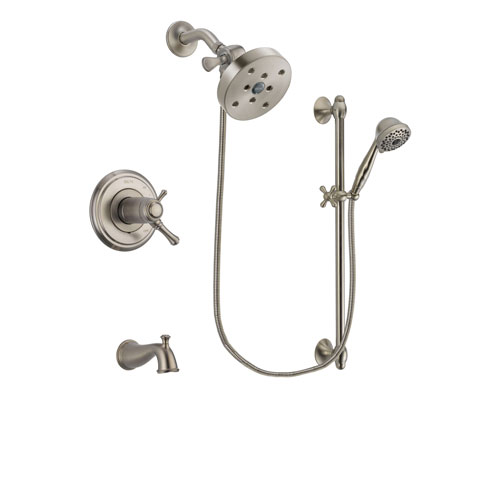 Delta Cassidy Stainless Steel Finish Thermostatic Tub and Shower Faucet System Package with 5-1/2 inch Shower Head and 7-Spray Handheld Shower with Slide Bar Includes Rough-in Valve and Tub Spout DSP1759V