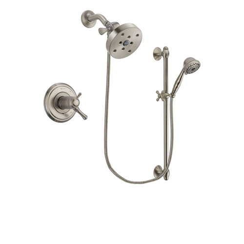 Delta Cassidy Stainless Steel Finish Thermostatic Shower Faucet System Package with 5-1/2 inch Shower Head and 7-Spray Handheld Shower with Slide Bar Includes Rough-in Valve DSP1760V