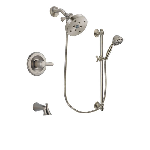 Delta Lahara Stainless Steel Finish Tub and Shower Faucet System Package with 5-1/2 inch Shower Head and 7-Spray Handheld Shower with Slide Bar Includes Rough-in Valve and Tub Spout DSP1761V