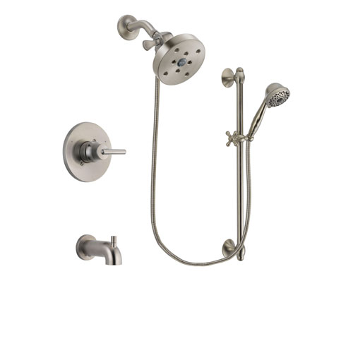 Delta Trinsic Stainless Steel Finish Tub and Shower Faucet System Package with 5-1/2 inch Shower Head and 7-Spray Handheld Shower with Slide Bar Includes Rough-in Valve and Tub Spout DSP1763V