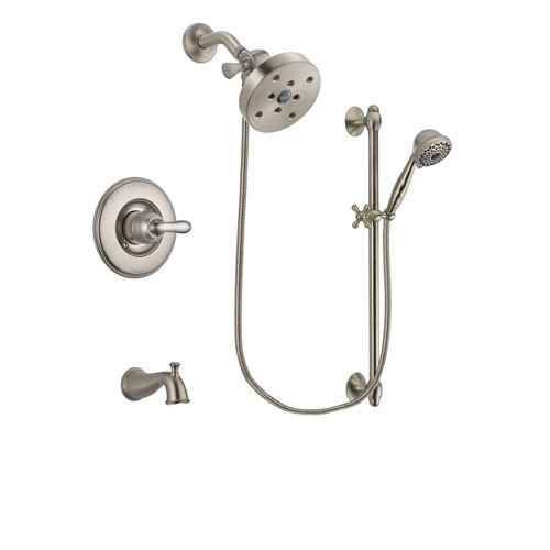 Delta Linden Stainless Steel Finish Tub and Shower Faucet System Package with 5-1/2 inch Shower Head and 7-Spray Handheld Shower with Slide Bar Includes Rough-in Valve and Tub Spout DSP1769V