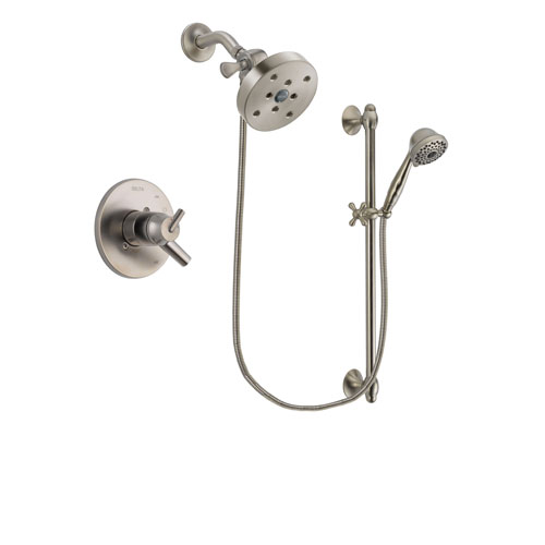 Delta Trinsic Stainless Steel Finish Dual Control Shower Faucet System Package with 5-1/2 inch Shower Head and 7-Spray Handheld Shower with Slide Bar Includes Rough-in Valve DSP1774V