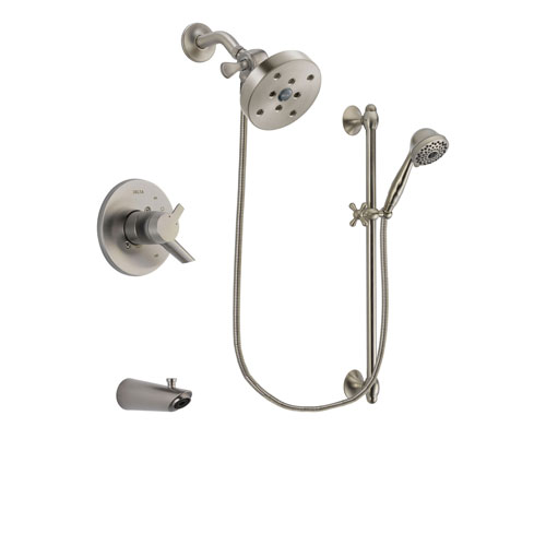 Delta Compel Stainless Steel Finish Dual Control Tub and Shower Faucet System Package with 5-1/2 inch Shower Head and 7-Spray Handheld Shower with Slide Bar Includes Rough-in Valve and Tub Spout DSP1775V