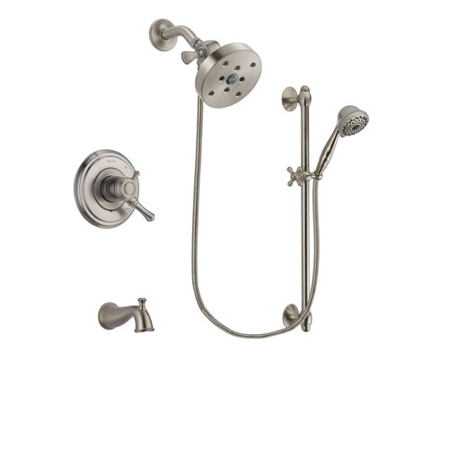 Delta Cassidy Stainless Steel Finish Dual Control Tub and Shower Faucet System Package with 5-1/2 inch Shower Head and 7-Spray Handheld Shower with Slide Bar Includes Rough-in Valve and Tub Spout DSP1783V