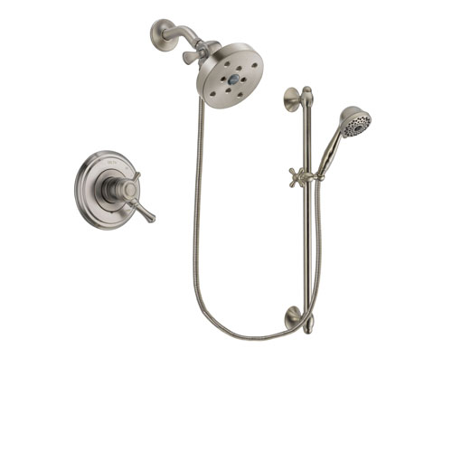 Delta Cassidy Stainless Steel Finish Dual Control Shower Faucet System Package with 5-1/2 inch Shower Head and 7-Spray Handheld Shower with Slide Bar Includes Rough-in Valve DSP1784V