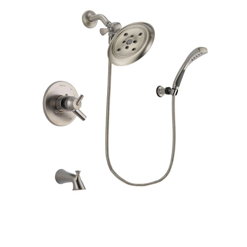 Delta Trinsic Stainless Steel Finish Dual Control Tub and Shower Faucet System Package with Large Rain Showerhead and Wall Mounted Handshower Includes Rough-in Valve and Tub Spout DSP1875V